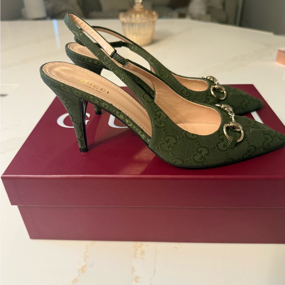 GUCCI SLINGBACK PUMP HORSEBIT GREEN CANVAS 38 - Picture 10 of 15